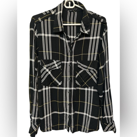 Sanctuary Boyfriend Shirt Black Plaid Snap Button Up Rayon Button Down - Picture 1 of 10